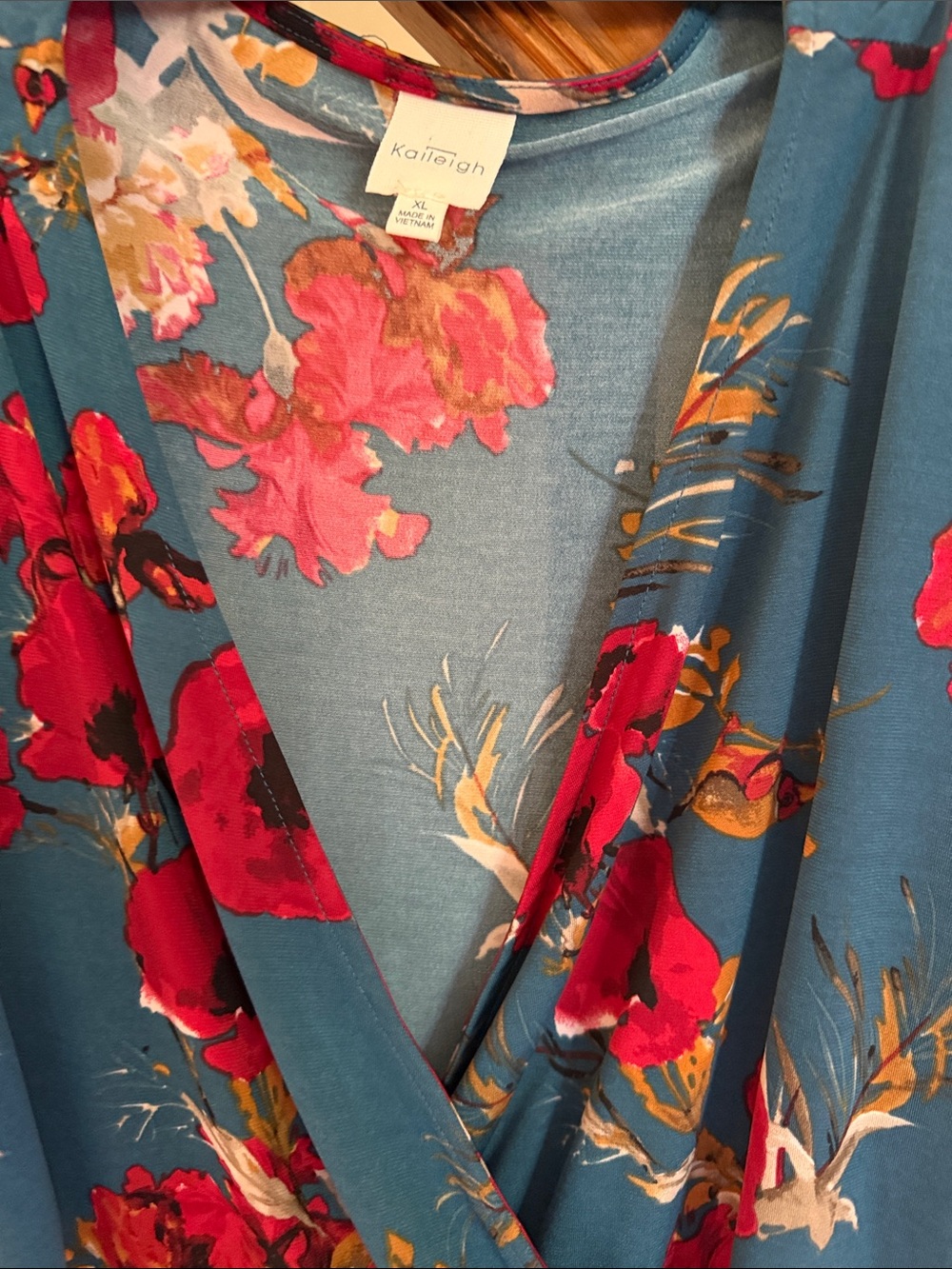 Teal Floral Wrap Dress with Red Bloom Print - Picture 3 of 8